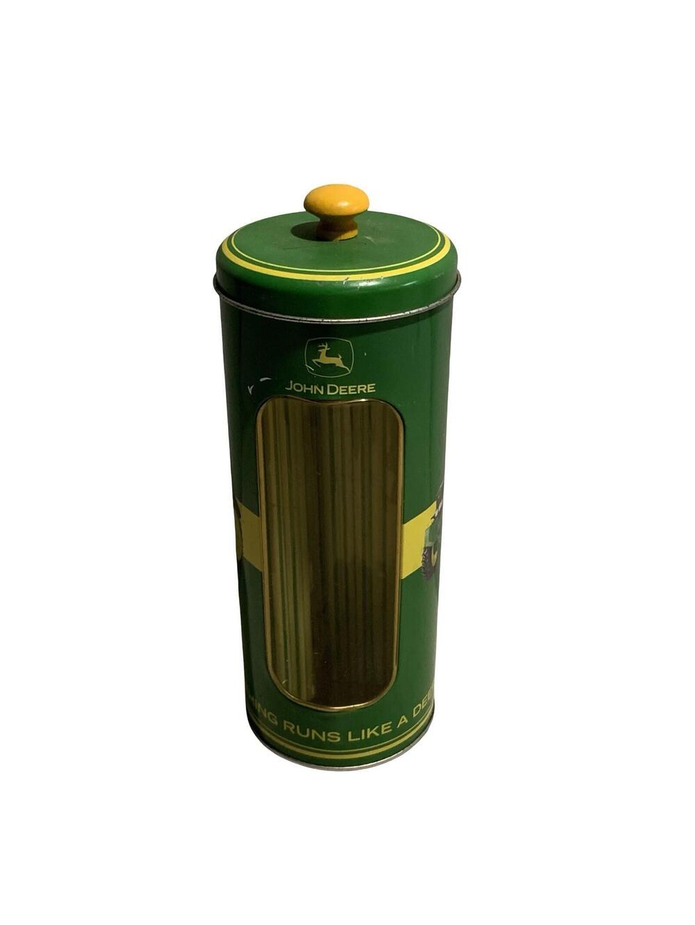 John Deere Tin Straw Dispenser Holder Canister Lid Green Window Deere